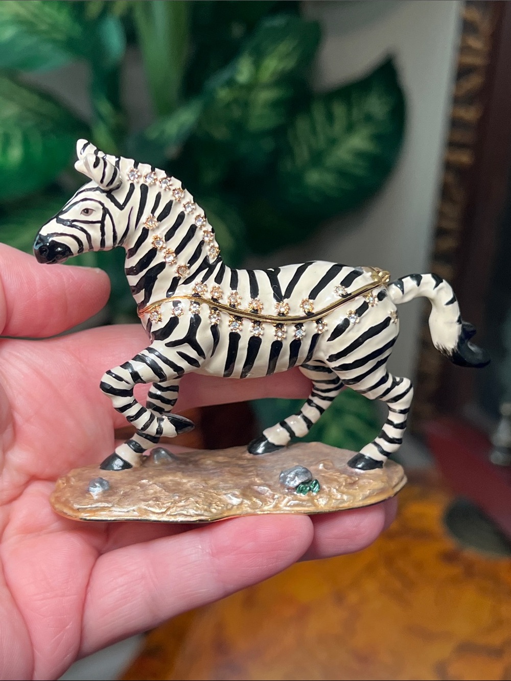 Vintage Style Bejeweled Rhinestone Enamel Zebra Hinged Trinket Box